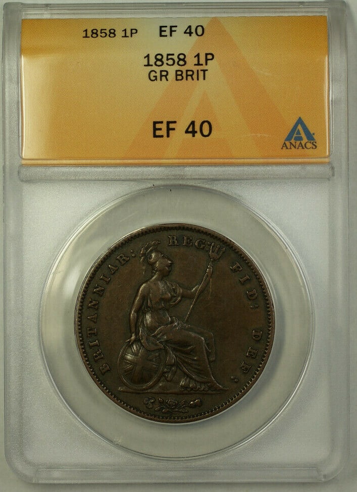 Queen Victoria 1858 United Kingdom Copper Penny ANACS EF 40 Certified: Queen Victoria 1858 United Kingdom Copper Penny ANACS EF 40 Certified This 1858 Great Britain 1 Penny coin features Queen Victoria and is certified by ANACS with a grade of EF 40. The coin is composed