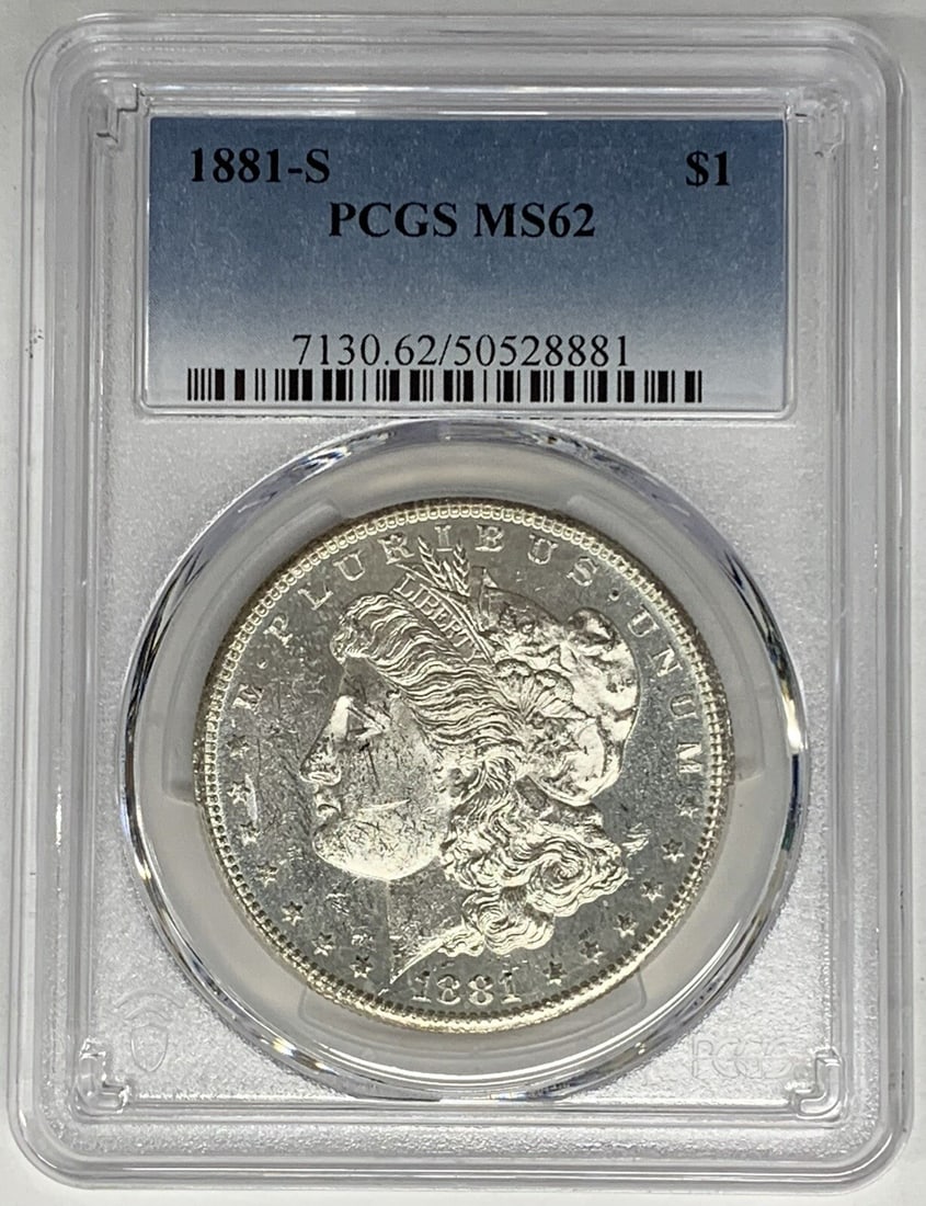 PCGS MS 62 1881-S Morgan Silver Dollar United States $1 Coin: PCGS MS 62 1881-S Morgan Silver Dollar United States $1 Coin This 1881-S Morgan Silver Dollar is graded MS 62 by PCGS. The coin is uncirculated, composed of silver, and originates from the United Stat