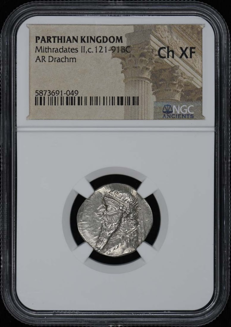 NGC XF45 Parthian Kingdom AR Drachm of Mithradates II c 121-91 BC: NGC XF45 Parthian Kingdom AR Drachm of Mithradates II c 121-91 BC This AR Drachm coin from the Parthian Kingdom dates to the reign of Mithradates II, circa 121-91 BC. The coin has been certified by NG