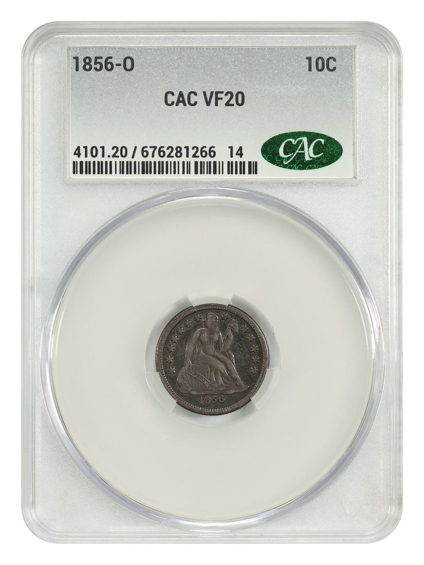 CACG VF20 1856-O Liberty Seated Dime Ten Cent Coin: CACG VF20 1856-O Liberty Seated Dime Ten Cent Coin This is an 1856-O Liberty Seated Dime graded VF20 by CACG. Minted in New Orleans, this circulated coin is part of the Liberty Seated Dime series and 