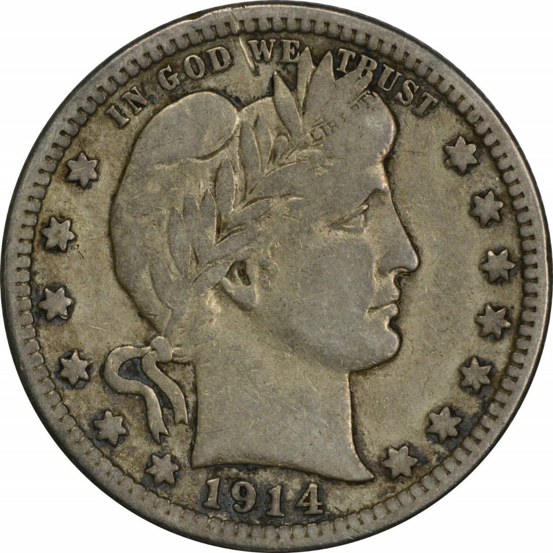 1914-S Barber Quarter 90% Silver Uncertified Circulated Coin: 1914-S Barber Quarter 90% Silver Uncertified Circulated Coin This 1914-S Barber Silver Quarter is a piece of history, featuring a design by the renowned Charles E. Barber. It is a circulated coin, ung