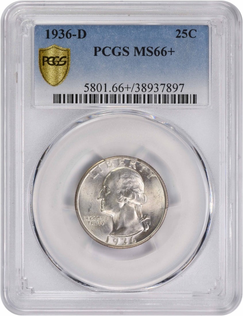 1936-D Washington Silver Quarter MS66 PCGS Uncirculated: 1936-D Washington Silver Quarter MS66 PCGS Uncirculated This 1936-D Washington Silver Quarter is graded MS66+ by PCGS, reflecting its exceptional quality and preservation. Minted in Denver, this uncir
