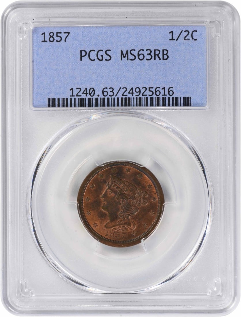 Braided Hair Half Cent 1857 PCGS MS63RB Philadelphia Mint Copper Coin: Braided Hair Half Cent 1857 PCGS MS63RB Philadelphia Mint Copper Coin This 1857 Braided Hair Half Cent is certified MS63RB by PCGS, indicating it is in un-used condition with red and brown coloration.