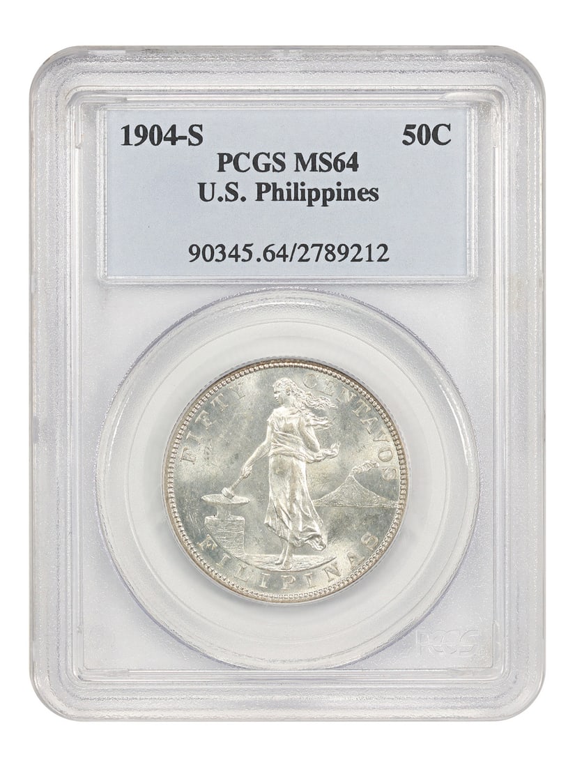 1904-S Fifty Centavos PCGS MS64 US Philippines Silver Coin: 1904-S Fifty Centavos PCGS MS64 US Philippines Silver Coin This is a 1904-S U.S. Philippines 50 centavo coin, certified by PCGS with a grade of MS64. The coin is uncirculated and features vibrant lust