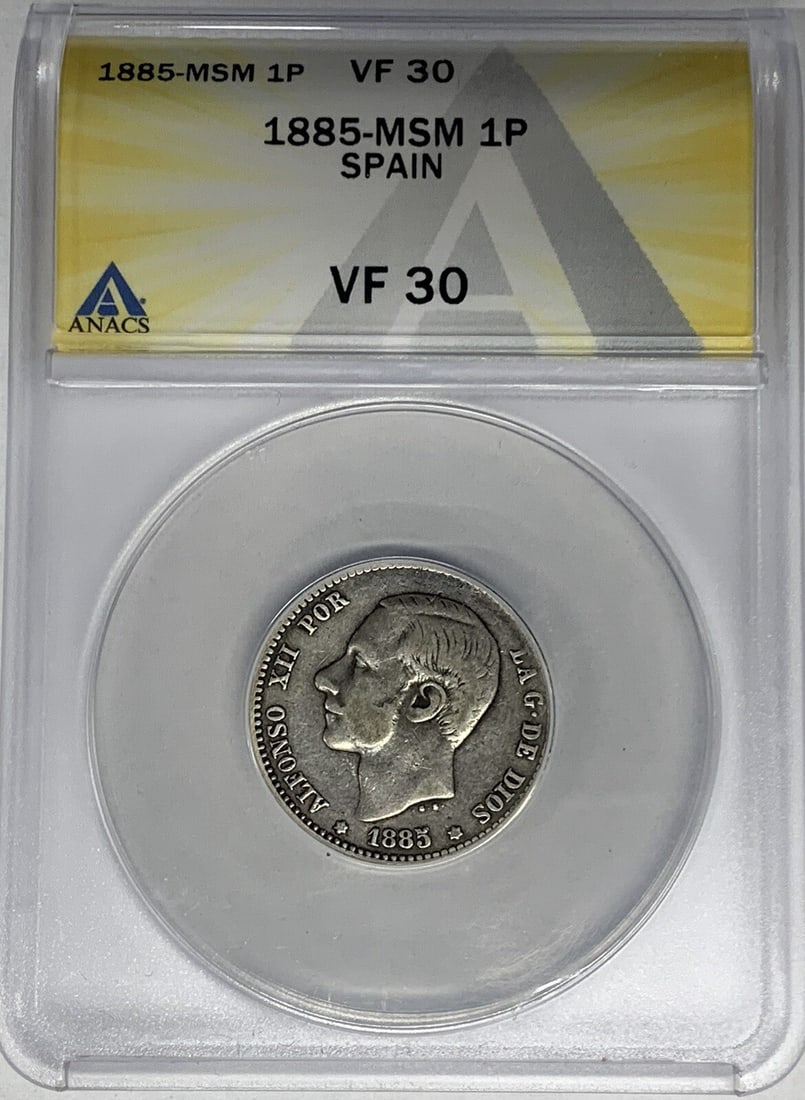 Spain 1885 Silver 1 Peseta ANACS VF 30 Certified Coin: Spain 1885 Silver 1 Peseta ANACS VF 30 Certified Coin This is a 1 Peseta coin from Spain dated 1885. The coin is composed of silver and has been certified by ANACS with a grade of VF 30, indicating it