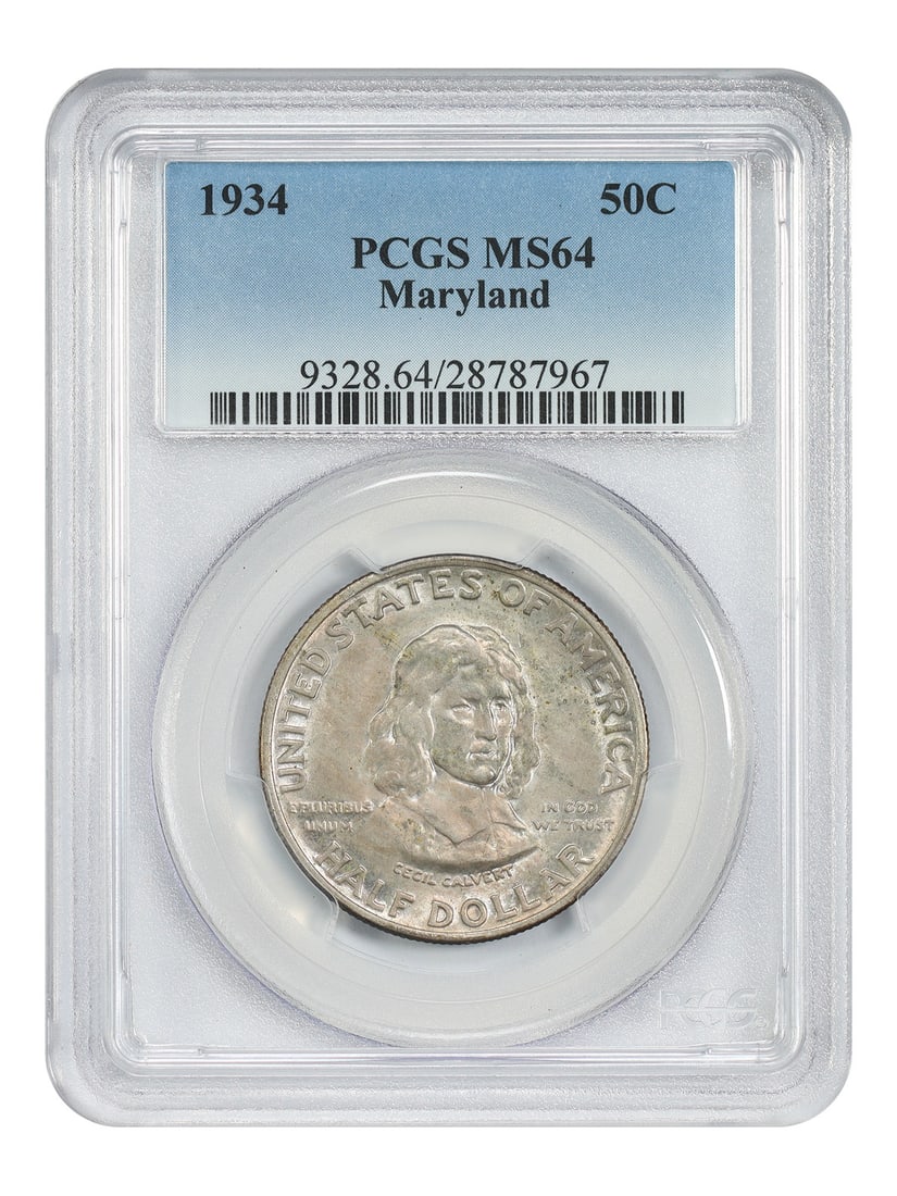 Maryland 1934 Half Dollar PCGS MS64 Classic Silver Commemorative Coin: Maryland 1934 Half Dollar PCGS MS64 Classic Silver Commemorative Coin This 1934 Maryland 50-cent coin is a classic silver commemorative issued to mark the 300th anniversary of the founding of the Mary