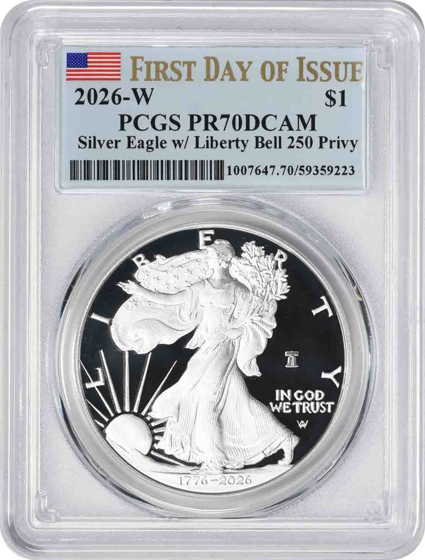 American Silver Eagle 2026-W Liberty Bell Privy Proof Dollar PCGS PR70DCAM FDOI: American Silver Eagle 2026-W Liberty Bell Privy Proof Dollar PCGS PR70DCAM FDOI This is a 2026-W $1 American Silver Eagle coin featuring the Liberty Bell 250 Privy. The coin is made of 1 oz of .999 fi