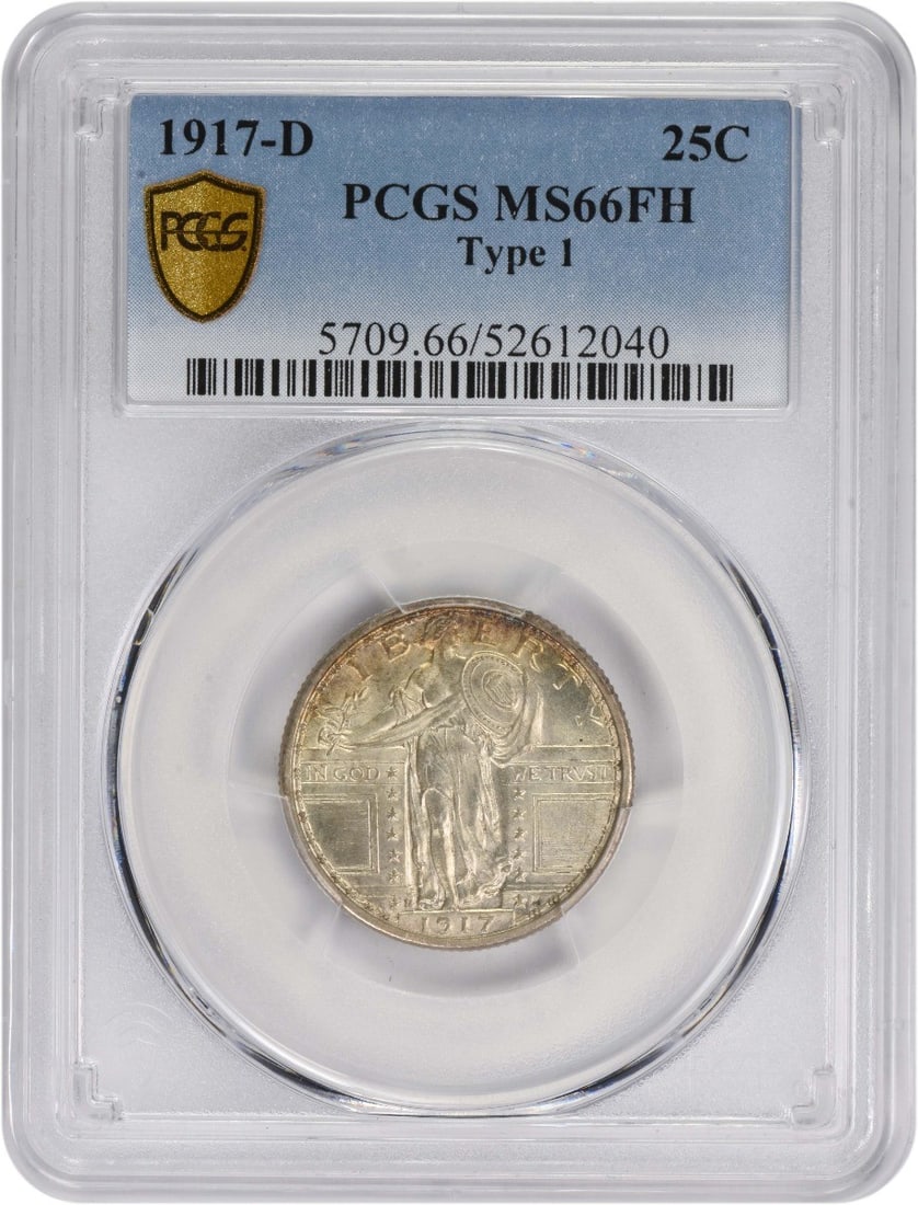 1917-D Standing Liberty Silver Quarter MS66FH PCGS Uncirculated: 1917-D Standing Liberty Silver Quarter MS66FH PCGS Uncirculated This 1917-D Standing Liberty Silver Quarter Type 1 is a remarkable piece of numismatic history, boasting an uncirculated condition with 