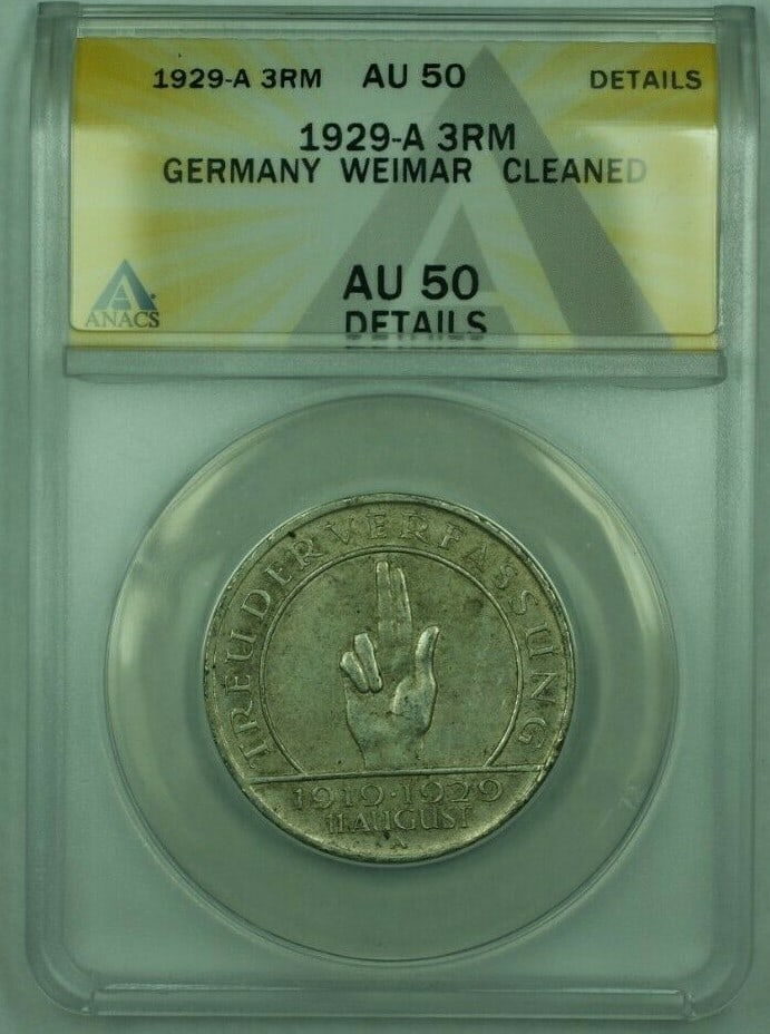 Germany 1929-A Hindenburg 3RM Silver Coin ANACS AU 50 Cleaned: Germany 1929-A Hindenburg 3RM Silver Coin ANACS AU 50 Cleaned This 1929-A 3 Reichsmark coin from Germany's Weimar Republic features Hindenburg and is composed of silver. The coin has been certified by