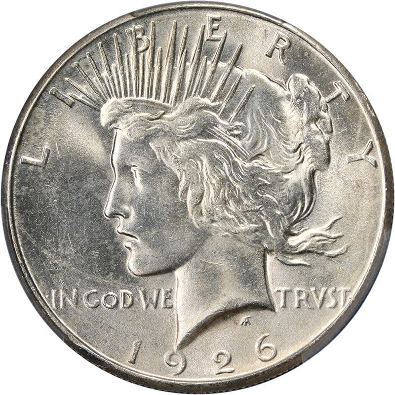 PCGS MS63 1926-S Peace Silver Dollar Uncirculated San Francisco Mint: PCGS MS63 1926-S Peace Silver Dollar Uncirculated San Francisco Mint This 1926-S Peace Dollar is graded MS63 by PCGS and features a nice luster with a well-defined strike. The coin displays mostly whi
