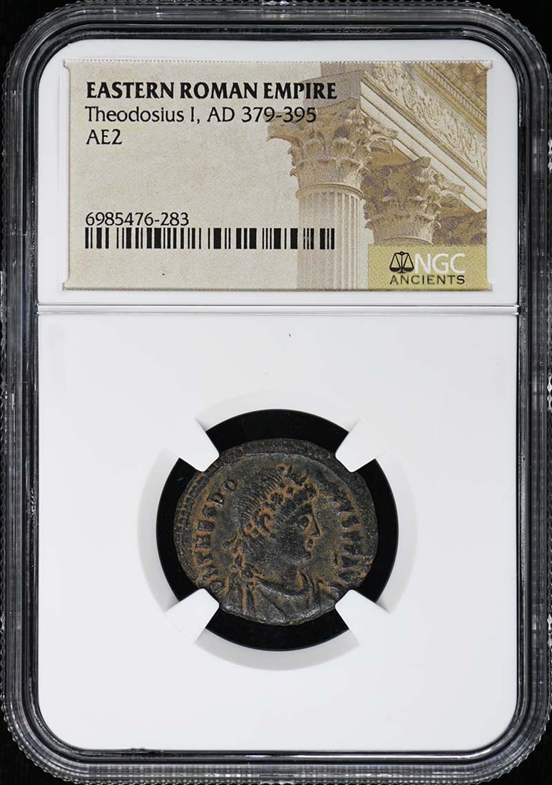 NGC Certified AE2 Coin from Theodosius I Eastern Roman Empire: NGC Certified AE2 Coin from Theodosius I Eastern Roman Empire This AE2 coin from the Eastern Roman Empire dates to the reign of Theodosius I, AD 379-395. The coin is certified by NGC and is of Italian