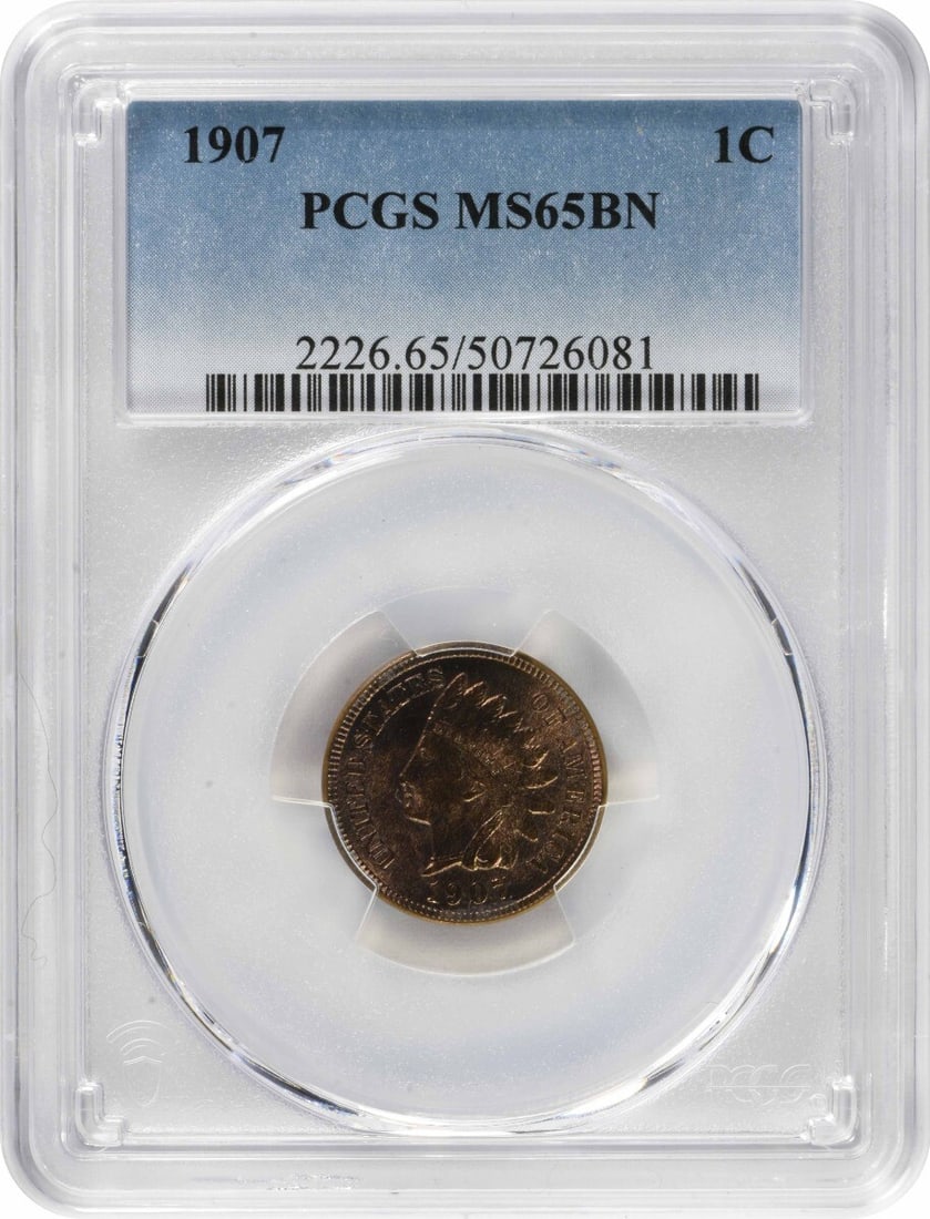 1907 Indian Head Cent MS65BN Uncirculated Copper PCGS: 1907 Indian Head Cent MS65BN Uncirculated Copper PCGS This 1907 Indian Cent, certified by PCGS, is an exceptional example of numismatic artistry. Graded MS65, this uncirculated coin features a rich co