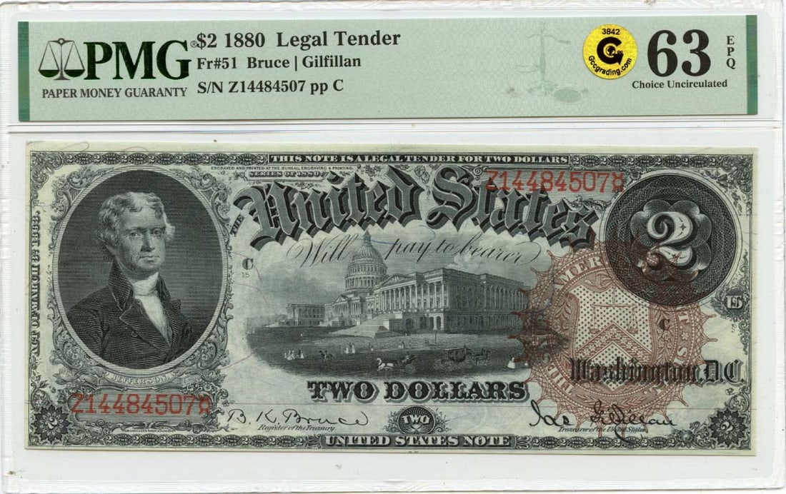 1880 $2 Legal Tender Note PMG EPQ Uncirculated MS63 Graded: 1880 $2 Legal Tender Note PMG EPQ Uncirculated MS63 Graded This is an uncirculated 1880 $2 Legal Tender note, certified by PMG with a grade of MS63 and designated as EPQ (Exceptional Paper Quality). I