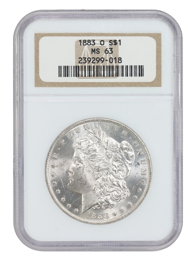 NGC MS63 1883 New Orleans Morgan Silver Dollar $1 Coin: NGC MS63 1883 New Orleans Morgan Silver Dollar $1 Coin This 1883-O Morgan Dollar is certified by NGC with a grade of MS63, indicating it is in uncirculated condition. Struck at the New Orleans Mint, t