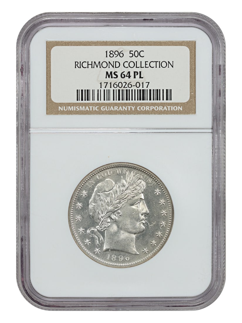 Barber Half Dollar 1896 NGC MS64PL Prooflike Richmond Collection 50C: Barber Half Dollar 1896 NGC MS64PL Prooflike Richmond Collection 50C This 1896 Barber Half Dollar is certified by NGC as MS64PL and originates from the Richmond Collection. It is the only Prooflike ex
