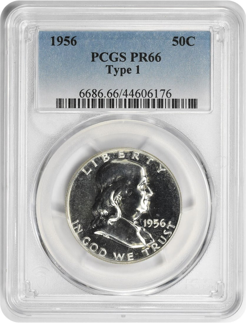 1956 Franklin Half Dollar PR66 PCGS 90% Silver Proof Coin: 1956 Franklin Half Dollar PR66 PCGS 90% Silver Proof Coin The 1956 Franklin Silver Half Dollar is a classic collectible, graded PR66 by PCGS, indicative of its exceptional quality. This uncirculated c