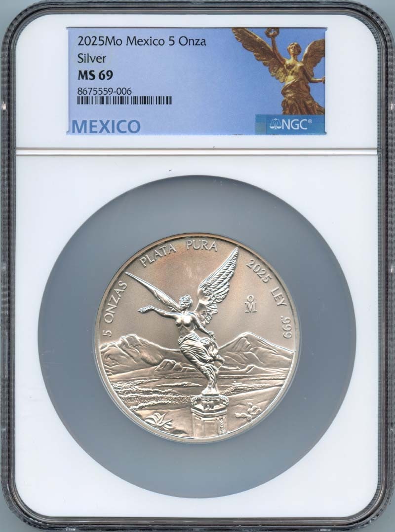 NGC MS69 2025 Mexican Libertad 5 Onza Silver Coin: NGC MS69 2025 Mexican Libertad 5 Onza Silver Coin This 2025 Mexico Libertad 5 Onza silver coin is certified by NGC with a grade of MS69. The coin is un-used and in pre-owned condition, featuring a hig