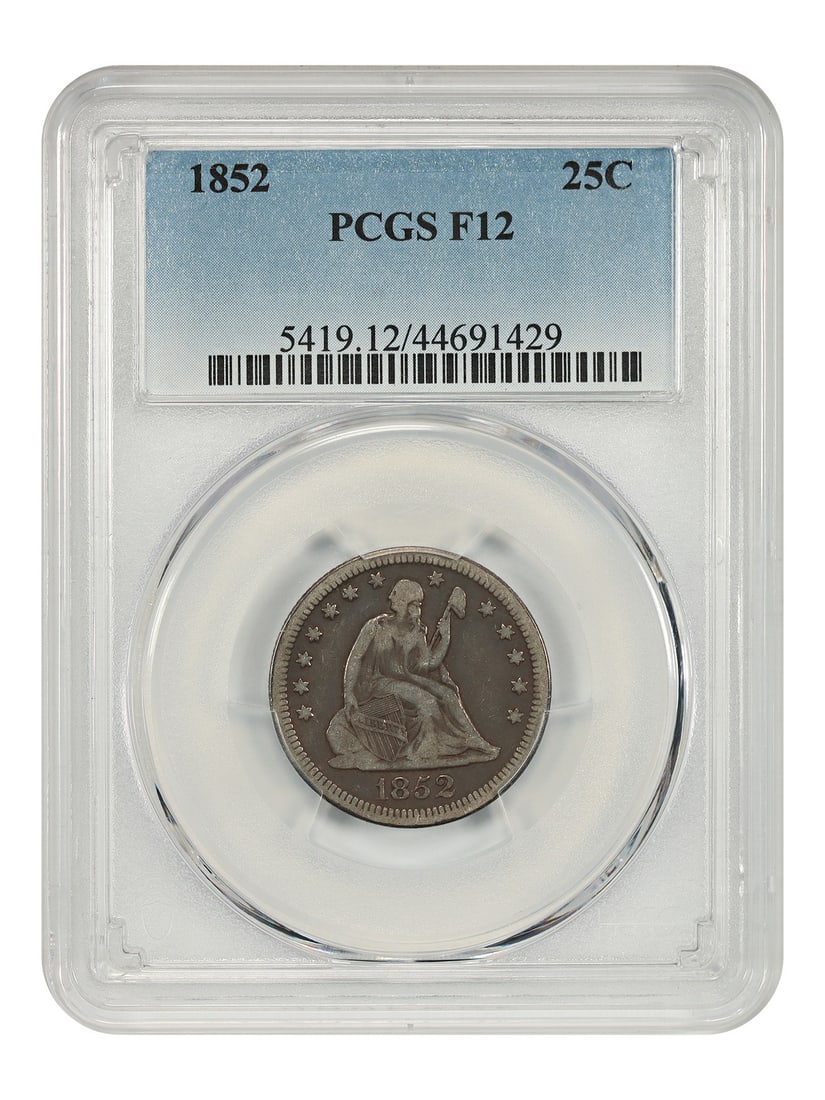 PCGS Fine 12 1852 Liberty Seated 25C Philadelphia Mint Quarter: PCGS Fine 12 1852 Liberty Seated 25C Philadelphia Mint Quarter This 1852 Liberty Seated Quarter has been certified by PCGS with a grade of Fine 12. Struck in Philadelphia, this circulated coin is part