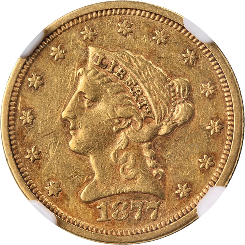 NGC AU Details 1877-P Liberty $2.50 Gold Quarter Eagle Coin: NGC AU Details 1877-P Liberty $2.50 Gold Quarter Eagle Coin This 1877-P Liberty Gold $2.50 coin is certified by NGC with an AU Details grade. It features the Liberty design, has decent eye appeal, a n