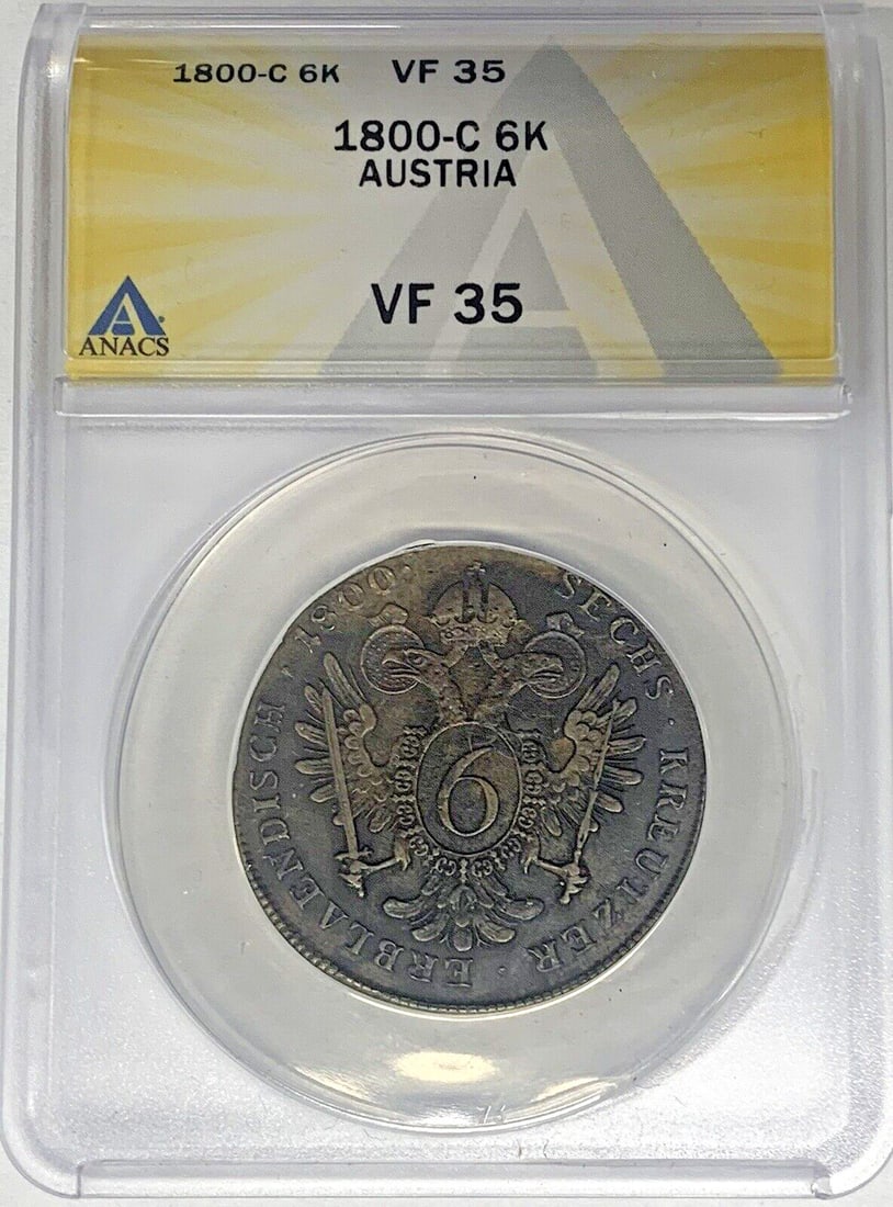 Copper 6 Kreutzer Coin Austria 1800-C ANACS Certified VF 35: Copper 6 Kreutzer Coin Austria 1800-C ANACS Certified VF 35 This Austrian 6 Kreutzer coin from 1800 is composed of copper and has been graded VF 35 by ANACS. The coin is circulated and comes from Aust