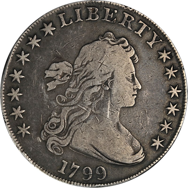 1799 Bust Dollar Silver Coin Fine Grade Nice Eye Appeal: 1799 Bust Dollar Silver Coin Fine Grade Nice Eye Appeal This 1799 Bust Dollar showcases impressive eye appeal and a notable strike, making it a valuable addition to any collection. The coin features a