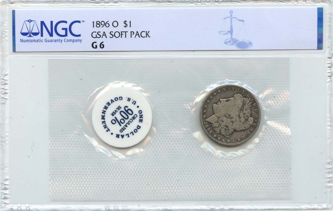 1896-O New Orleans Morgan Silver Dollar GSA Soft Pack NGC G6: 1896-O New Orleans Morgan Silver Dollar GSA Soft Pack NGC G6 This 1896-O Morgan Dollar is a circulated coin certified by NGC with a G6 grade. Minted in New Orleans, it is presented in a GSA soft pack.