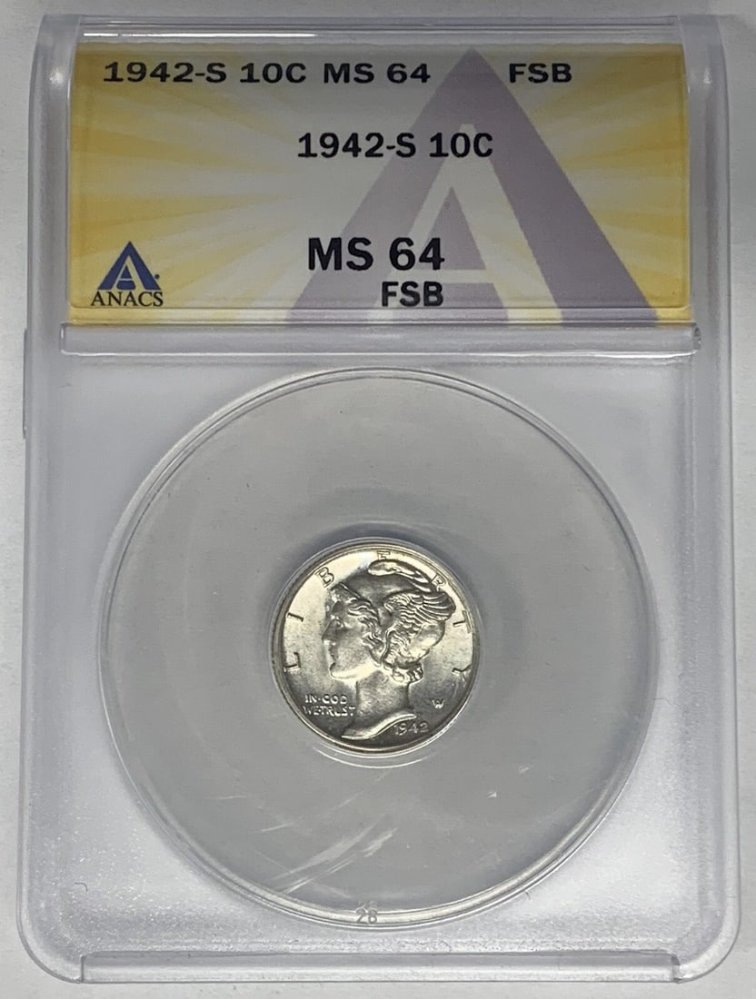 ANACS MS 64 FB 1942-S Mercury 10C Dime Uncirculated Coin: ANACS MS 64 FB 1942-S Mercury 10C Dime Uncirculated Coin This is a 1942-S Mercury Dime 10 cent coin from the United States, graded MS 64 Full Bands (FB) by ANACS. The coin is uncirculated and features