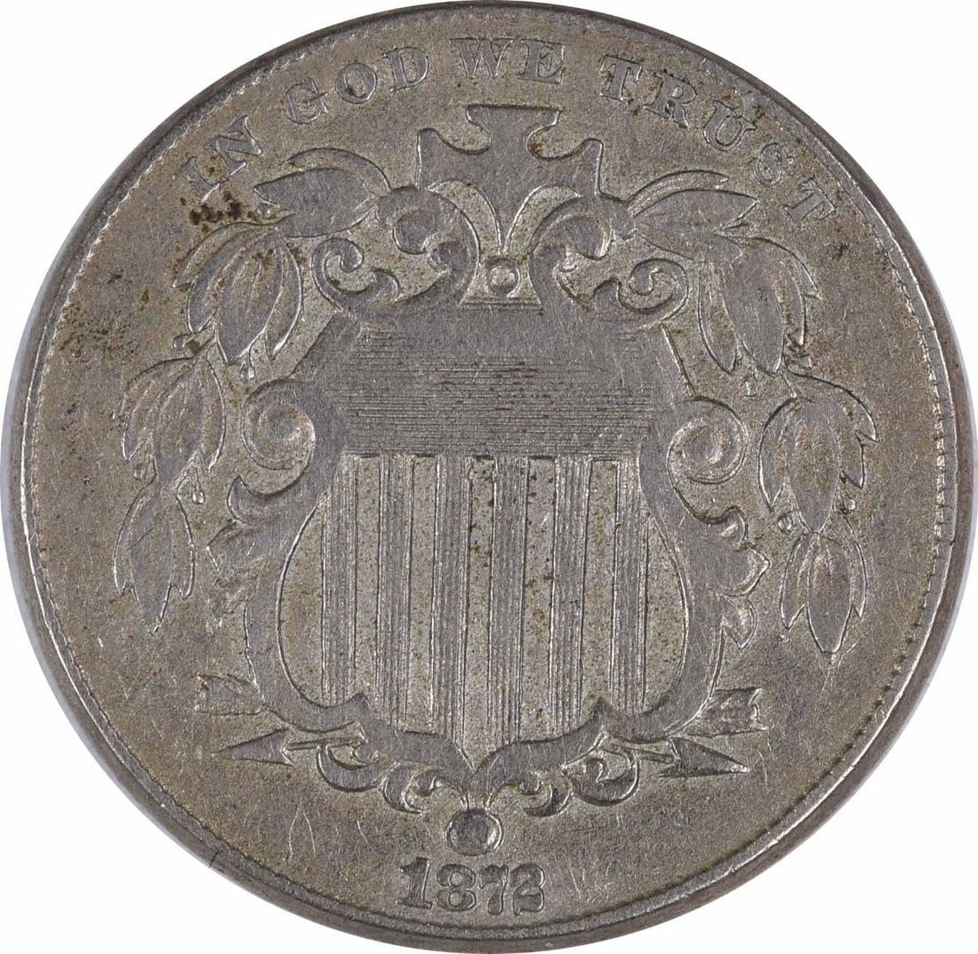 1872 Shield Nickel VF Uncertified Philadelphia Mint 5C: 1872 Shield Nickel VF Uncertified Philadelphia Mint 5C This 1872 Shield Nickel, a classic piece of American numismatics, showcases the artistry of designer James Barton Longacre. With a denomination o