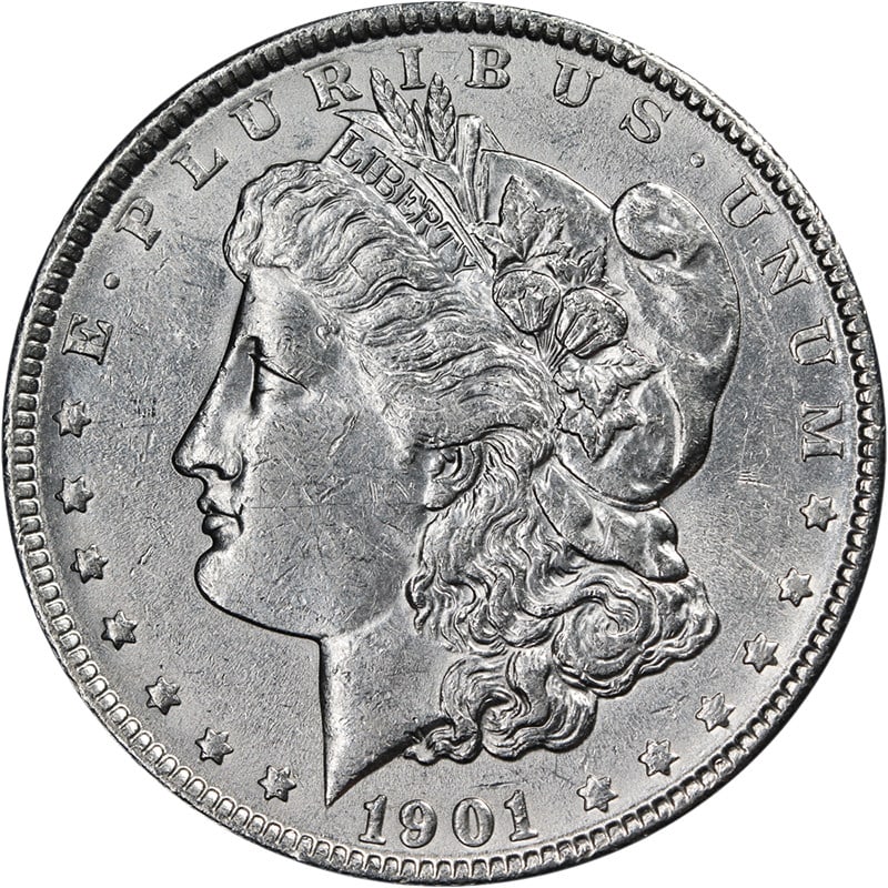 1901 Philadelphia Morgan Dollar Silver Coin Choice AU or BU Grade: 1901 Philadelphia Morgan Dollar Silver Coin Choice AU or BU Grade This 1901-P Morgan Silver Dollar offers great eye appeal with bright white luster, attractive color, and well-preserved surfaces. It f