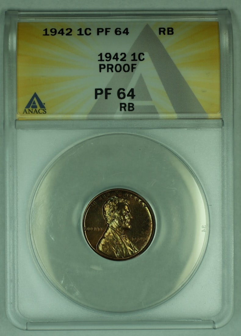 1942 Lincoln Wheat Cent Proof Small Cent ANACS PR 64 RB: 1942 Lincoln Wheat Cent Proof Small Cent ANACS PR 64 RB This 1942 Lincoln Wheat Cent is a proof strike coin graded PR 64 RB by ANACS. It is an uncirculated small cent from the United States, featuring