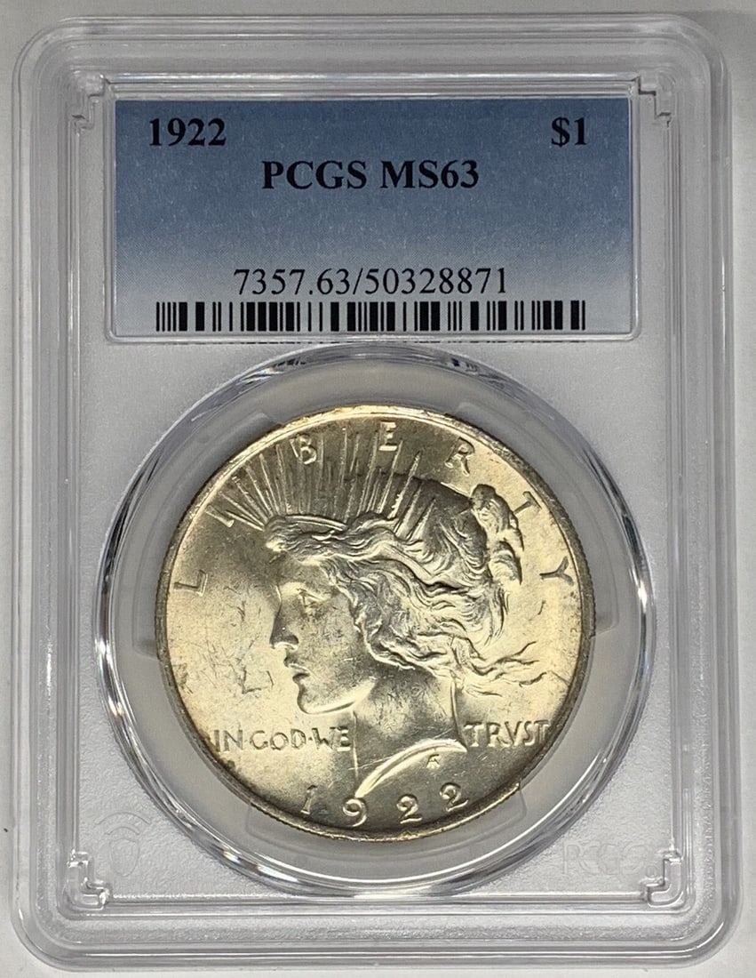PCGS MS 63 1922 Peace Dollar Silver Coin United States Certified: PCGS MS 63 1922 Peace Dollar Silver Coin United States Certified This 1922 Peace Silver Dollar coin is certified by PCGS with a grade of MS 63. It is an uncirculated United States $1 coin composed of 