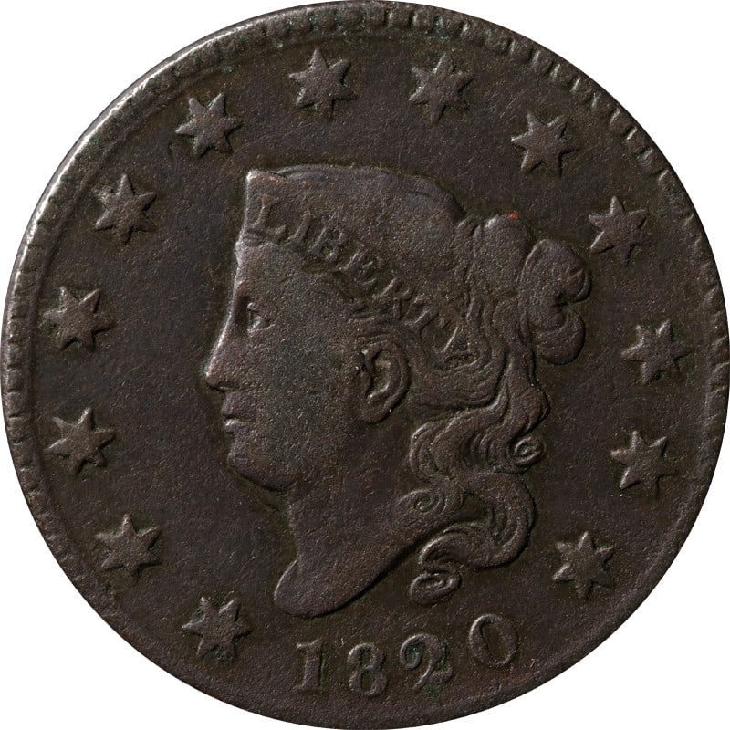 1820 Small Date Copper Large Cent Coin: 1820 Small Date Copper Large Cent Coin This 1820 Large Cent features the small date variety. Made from copper, this coin is circulated and comes uncertified. It is a pre-owned collectible from the ear