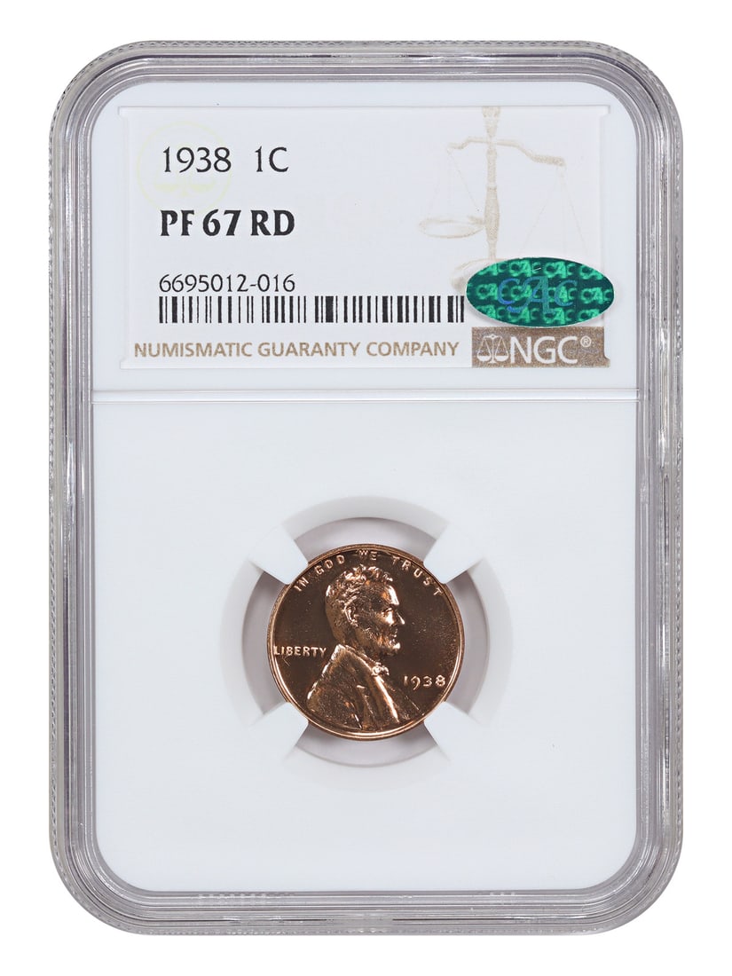 1938 Proof Lincoln Wheat Cent NGC CAC PR67RD Red: 1938 Proof Lincoln Wheat Cent NGC CAC PR67RD Red This 1938 Lincoln Cent (Wheat Reverse) is a proof issue graded PR67RD by NGC and features a CAC endorsement. It is uncirculated with bright orange surf
