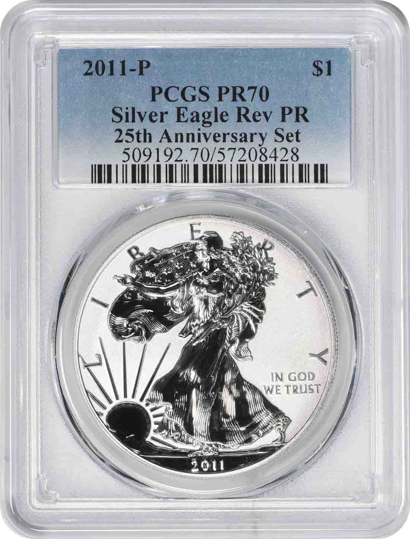 PCGS PR70 2011-P Silver Eagle Reverse Proof 25th Anniversary Dollar Coin: PCGS PR70 2011-P Silver Eagle Reverse Proof 25th Anniversary Dollar Coin This 2011-P $1 American Silver Eagle coin is part of the 25th Anniversary Set and features a reverse proof strike. Certified by