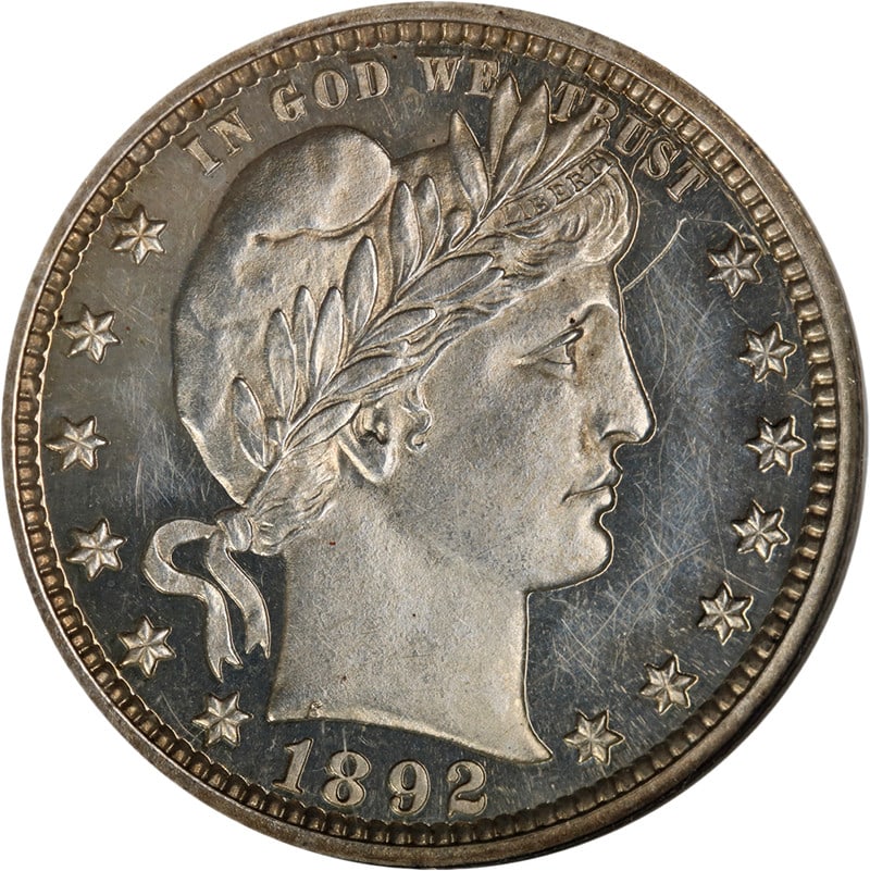Proof 1892 Silver Barber Quarter NGC Graded PF63 Cameo: Proof 1892 Silver Barber Quarter NGC Graded PF63 Cameo This 1892 Barber Quarter is a proof coin graded PF63 Cameo by NGC. Featuring strong strike, nice luster, attractive color, and mirrored surfaces,