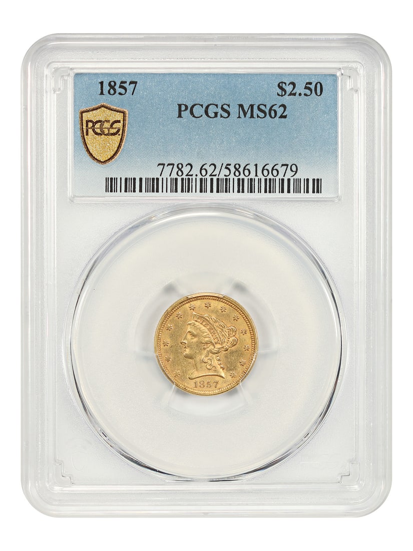 PCGS MS62 1857 Liberty Head Gold Quarter Eagle Coin: PCGS MS62 1857 Liberty Head Gold Quarter Eagle Coin This 1857 Liberty Head $2.5 gold coin is certified by PCGS with a grade of MS62. It is an uncirculated, original low-mintage example from Philadelph