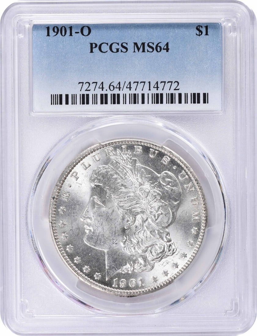 1901-O Morgan Silver Dollar MS64 PCGS Uncirculated Coin: 1901-O Morgan Silver Dollar MS64 PCGS Uncirculated Coin This 1901-O Morgan Silver Dollar, graded MS64 by PCGS, showcases the exquisite craftsmanship of designer George T. Morgan. With a composition of