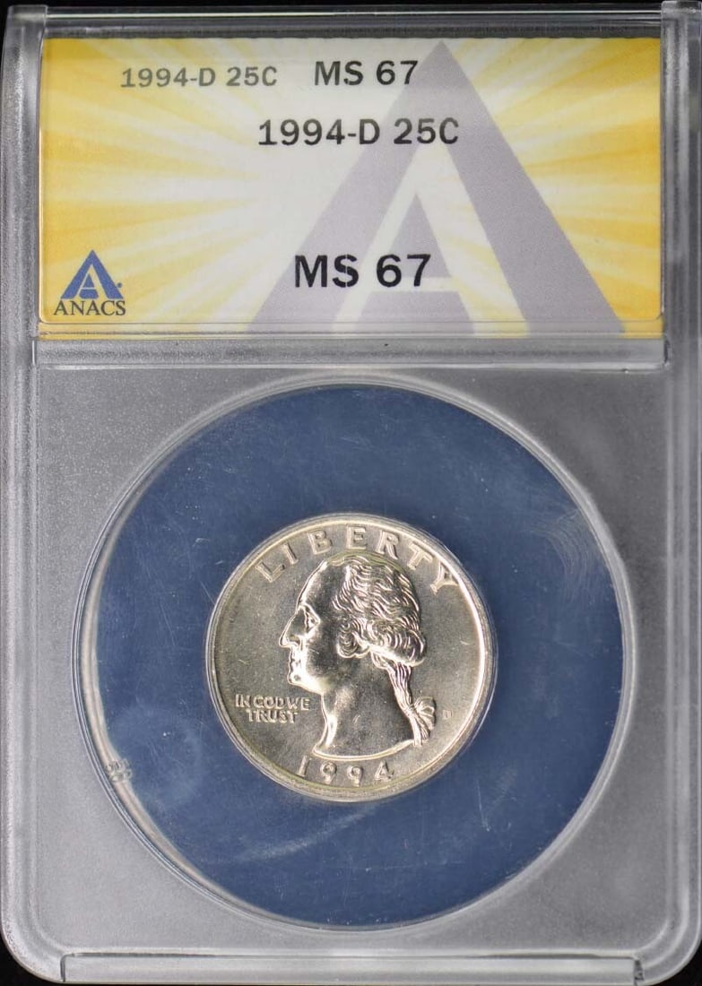 ANACS MS67 1994 Denver Mint Quarter Certified 25C Coin: ANACS MS67 1994 Denver Mint Quarter Certified 25C Coin This 1994-D Washington quarter has been certified by ANACS and graded MS67. Minted in Denver, it is a pre-owned United States coin with no additi