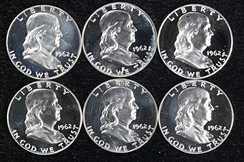 Set of 6 1962 Silver Franklin Proof Half Dollars Frosty Cameo Obverse (1 of 2)