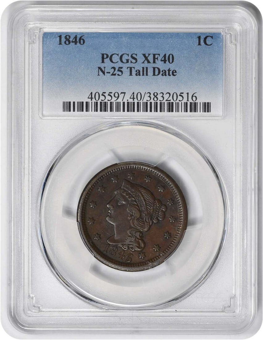 1846 Tall Date Braided Hair Large Cent PCGS XF40 Copper Coin: 1846 Tall Date Braided Hair Large Cent PCGS XF40 Copper Coin This 1846 Large Cent features the Braided Hair design by Christian Gobrecht. Struck in copper at the Philadelphia Mint, this circulated coi