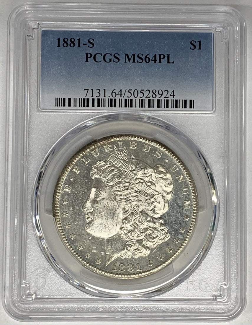 PCGS MS64 Prooflike 1881-S Morgan Silver Dollar Uncirculated: PCGS MS64 Prooflike 1881-S Morgan Silver Dollar Uncirculated This 1881-S Morgan Silver Dollar is graded MS 64 Proof-Like by PCGS. It is an uncirculated coin from the United States, featuring a composi