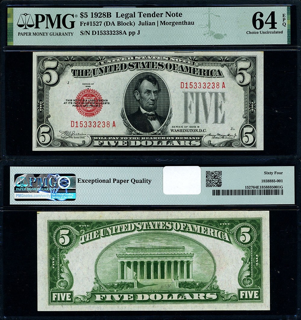 1928-B $5 Legal Tender Note PMG CU64 EPQ Certified: 1928-B $5 Legal Tender Note PMG CU64 EPQ Certified This 1928-B $5 Legal Tender note, designated as FR. 1527, showcases exceptional quality with its PMG certification of CU64 EPQ Choice. The note is un
