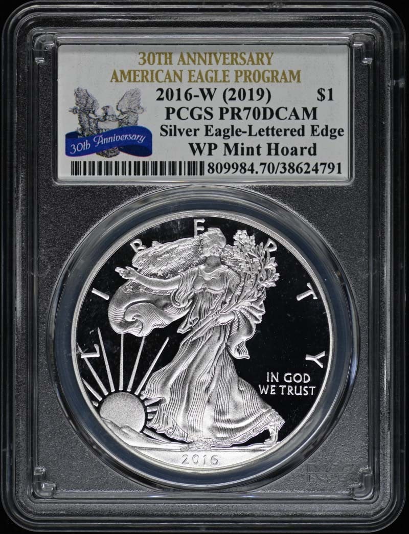 PCGS PR70DCAM 2016-W American Silver Eagle 30th Anniversary Lettered Edge Dollar: PCGS PR70DCAM 2016-W American Silver Eagle 30th Anniversary Lettered Edge Dollar This 2016-W $1 Silver Eagle coin commemorates the 30th anniversary of the series with a special lettered edge. Struck a