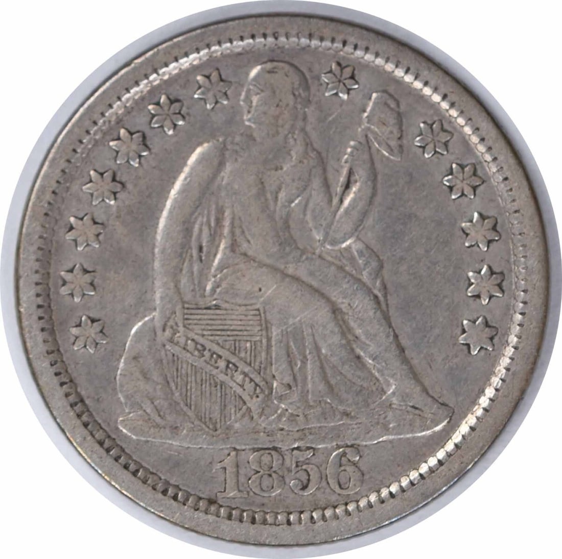 1856 Liberty Seated Silver Dime Large Date 90% Silver Uncertified: 1856 Liberty Seated Silver Dime Large Date 90% Silver Uncertified This 1856 Liberty Seated Silver Dime features a large date and is graded as Very Fine (VF). Minted in Philadelphia, this coin showcase