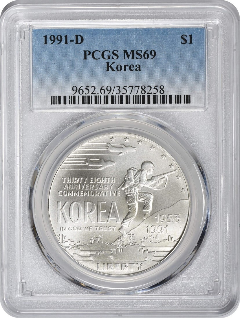 PCGS MS69 1991-D Korea Commemorative Silver Dollar from Denver Mint: PCGS MS69 1991-D Korea Commemorative Silver Dollar from Denver Mint This 1991-D Korea Silver Commemorative Dollar is a PCGS-certified Mint State 69 coin. Issued by the United States Mint in Denver, it