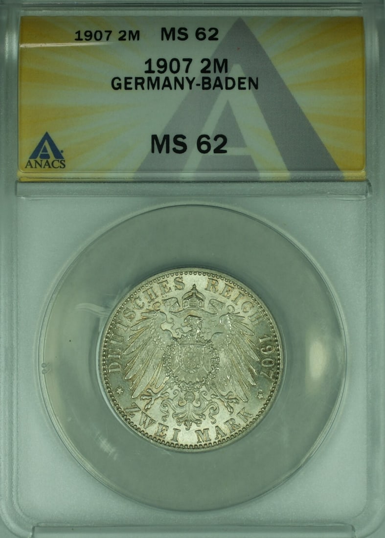 1907 Germany Baden Silver 2 Mark Coin Friedrich I Death ANACS MS-62: 1907 Germany Baden Silver 2 Mark Coin Friedrich I Death ANACS MS-62 This 1907 Germany-Baden 2 Marks silver coin commemorates the death of Grand Duke Friedrich I of Baden. Certified by ANACS with a gra