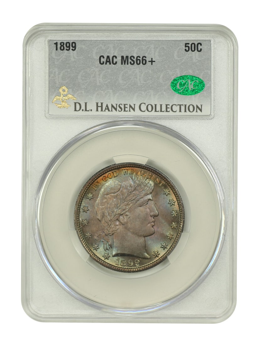 1899 Barber Half Dollar CACG MS66+ Stunning Colors D.L. Hansen: 1899 Barber Half Dollar CACG MS66+ Stunning Colors D.L. Hansen This stunning 1899 50C Barber Half Dollar, certified by CACG with a grade of MS66+, showcases exceptional beauty and preservation. With a