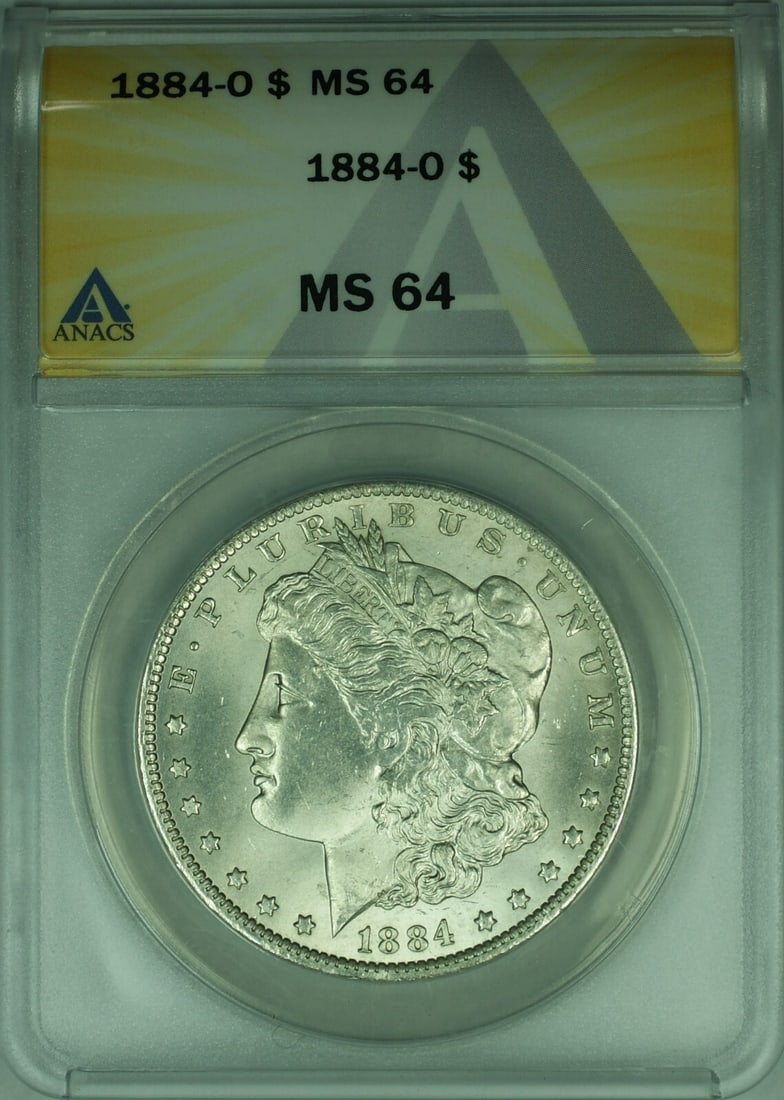 ANACS MS 64 1884 O Morgan Dollar New Orleans Mint Silver Coin: ANACS MS 64 1884 O Morgan Dollar New Orleans Mint Silver Coin This is an 1884-O Morgan Silver Dollar with a denomination of $1. The coin is composed of 90% silver and was minted in New Orleans. It has