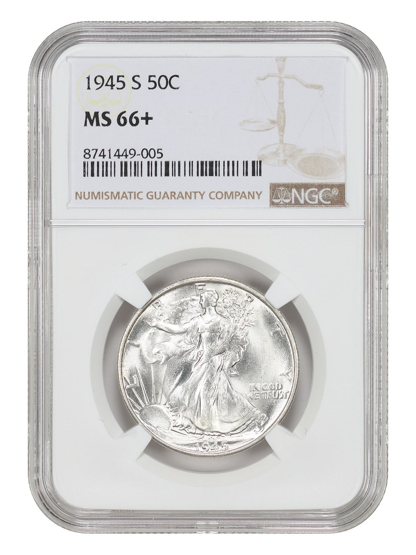 Walking Liberty Half Dollar 1945-S NGC MS66 Plus San Francisco Mint: Walking Liberty Half Dollar 1945-S NGC MS66 Plus San Francisco Mint This is a 1945-S Walking Liberty Half Dollar, graded MS66+ by NGC. The coin is uncirculated and was minted in San Francisco. It belo