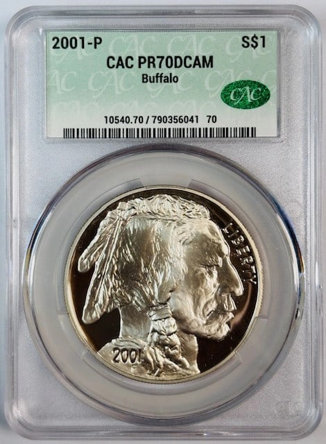 2001 Silver Proof American Buffalo Dollar CAC PR70 Philadelphia: 2001 Silver Proof American Buffalo Dollar CAC PR70 Philadelphia This 2001 American Buffalo commemorative dollar coin was struck at the Philadelphia Mint in proof quality. Composed of silver, it has be